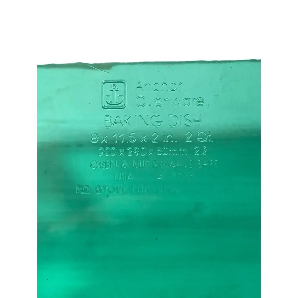 Vintage Anchor Ovenware Emerald Green Rectangle Baking Dish 8x11.5x2- 2 QT Rare